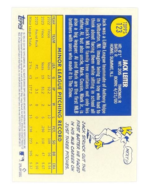2024 Topps Baseball Jack Leiter Rookie #123 Back