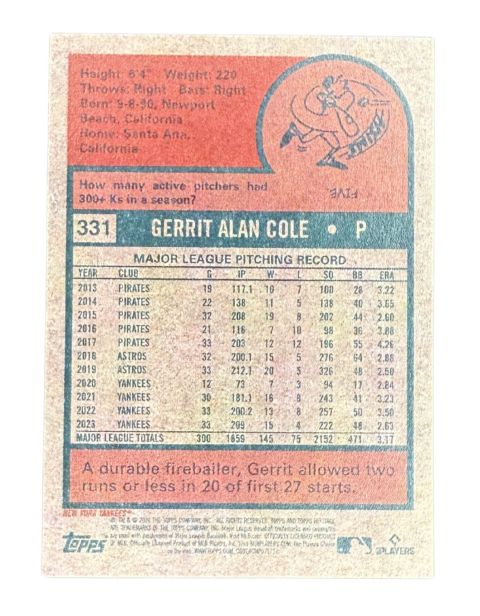 2024 Topps Heritage Gerrit Cole AL All-Star #331 Back