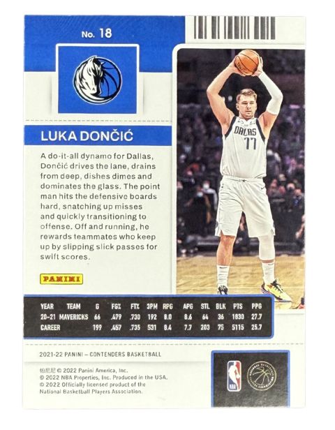 2022 Panini Contenders Luka Doncic Season Ticket Back