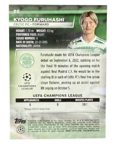 2023 Topps Finest Kyogo Furuhashi /125 #83 Back