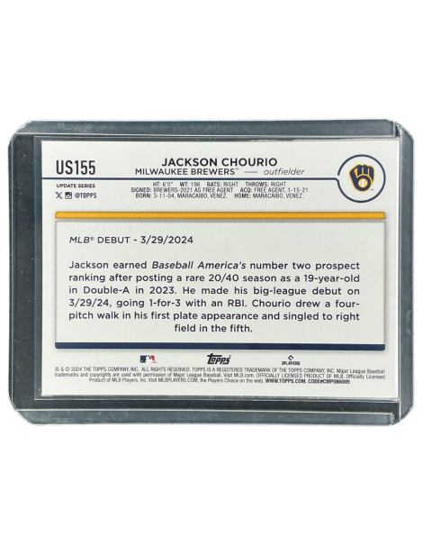 2024 Topps Now Baseball Jackson Chourio Rookie Brewers #US155 Backside
