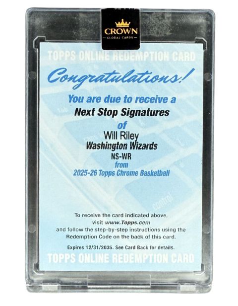 2025 Topps Chrome Baseball Will Riley Signature Redemption Card