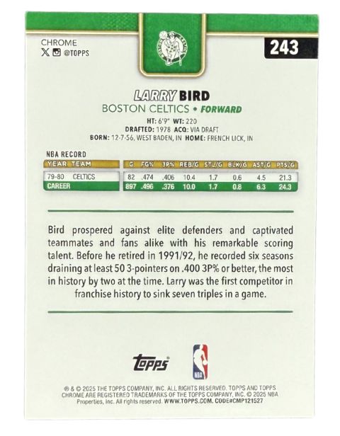 2025 Topps Chrome Larry Bird Tricolor #243 Back