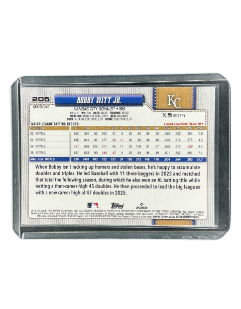 2026 Topps 75 Years Baseball Series 1 Bobby Witt JR. #205 Backside