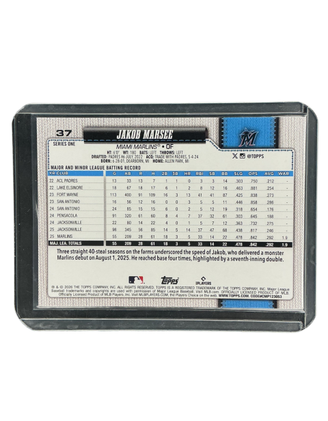 2026 Topps 75 Years Baseball Series 1 Jakob Marsee Rookie Cup #37 Backside