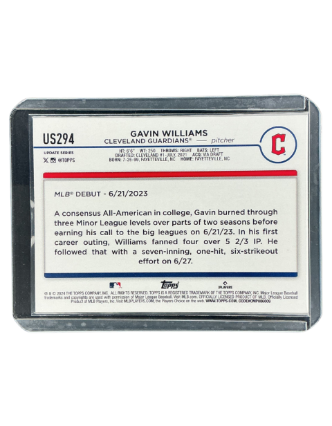 2024 Topps Chrome Update Gavin Williams Rookie Guardians #US294
Backside