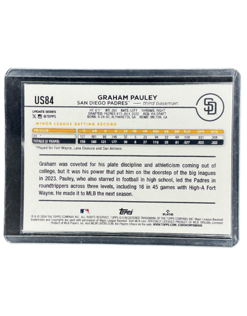 2024 Topps Chrome Update Graham Pauley Padres #US84 Backside