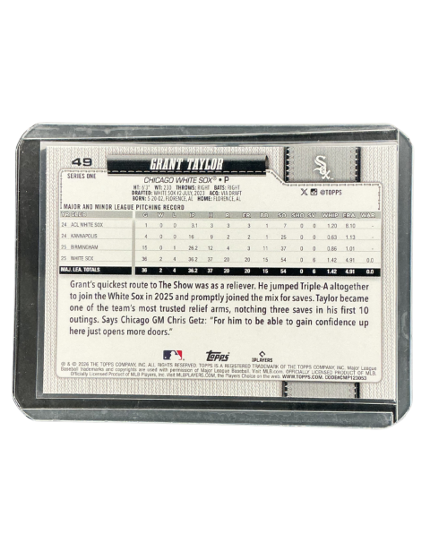 2026 Topps 75 Years Baseball Series 1 grant Taylor Pitcher #49
 Backside