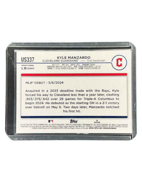 2024 Topps Chrome Update Kyle Manzardo Gurdians RC #US337 Backside