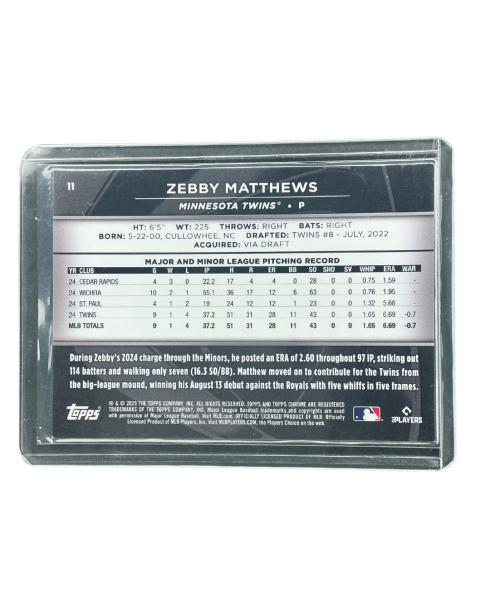 2025 Topps Chrome Black Zebby Matthews RC Minnesota Twins /99 #11
Back