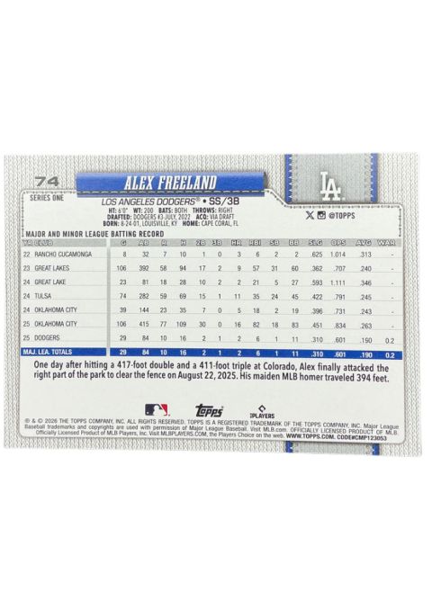 2026 Topps 75 Years Baseball Alex Freeland #74
Back