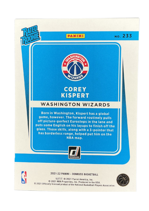2021-22 Panini Donruss Basketball Corey Kispert #233 Back