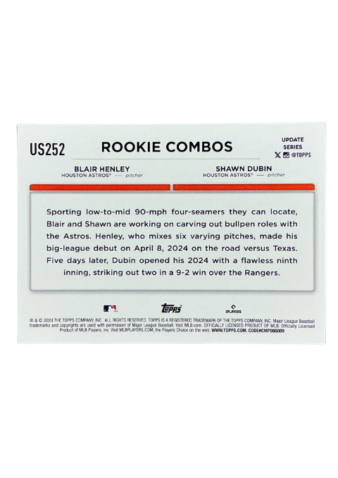 2024 Topps Update Blair Henley & Shawn Dubin RC Astros #US252
Back