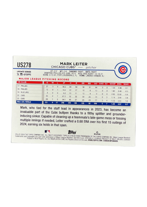 2024 Topps Update Series Mark Leiter Cubs #US278
Back
