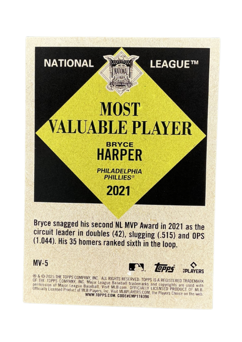 2025 Topps Update Series Bryce Harper Most Valuable Player 2021 National League #MV-5
Back
