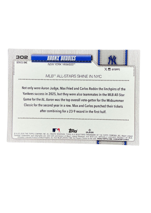 2026 Topps Series 1 Bronx Buddies #302 Back