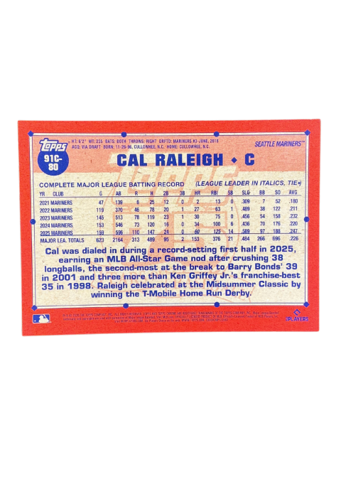 2026 Topps Series 1 Cal Raleigh C Mariners #91C-80
Back