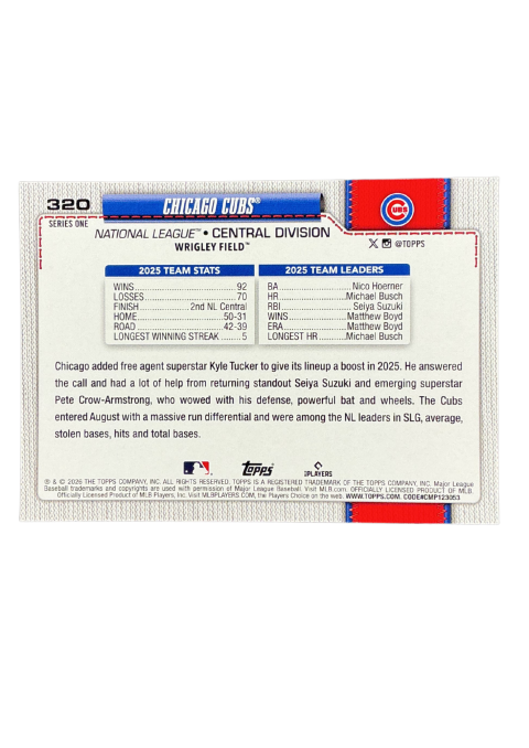 2026 Topps Series 1 Chicago Cubs National League #320 Back