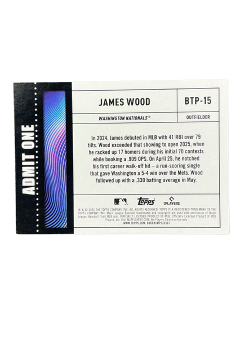 2026 Topps Series 1 Jams Wood Big Ticket Player Washington Nationals #BTP-15
Back