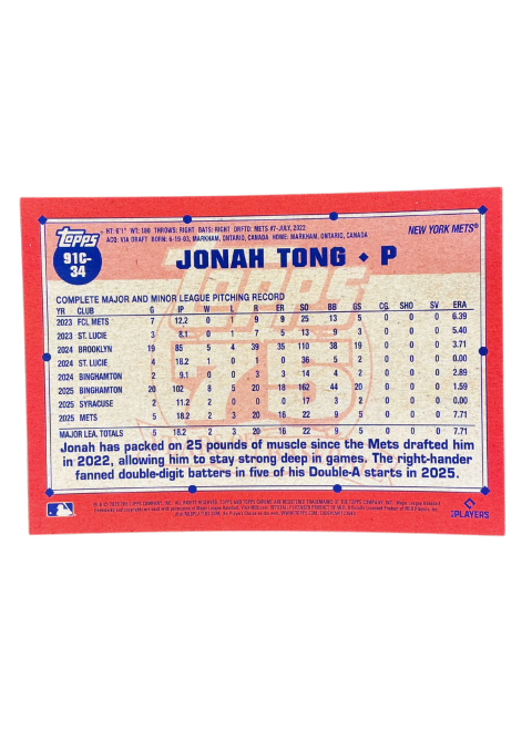 2026 Topps Series 1 Jonah Tong RC Mets#91C-34 Back