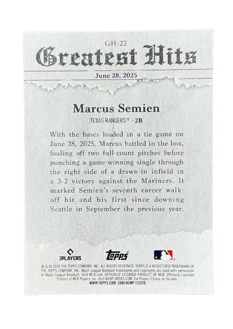 2026 Topps Series 1 Marcus Semien 2025 Breatest Hits #GH-22 Back