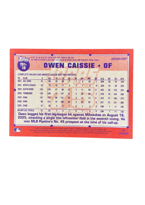 2026 Topps Series 1 Owen Caissie RC Chicago Cubs #T91-10
Back