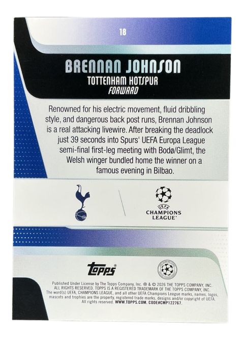 2025-26 Topps UEFA Club Competitions Brennan Johnson #18 Back