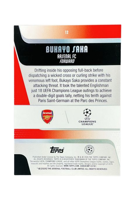 2025-26 Topps UEFA Club Competitions Bukayo Saka #12 Back