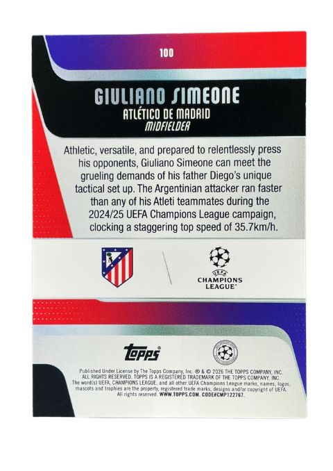 2025-26 Topps UEFA Club Competitions Giuliano Simeone #100 Back