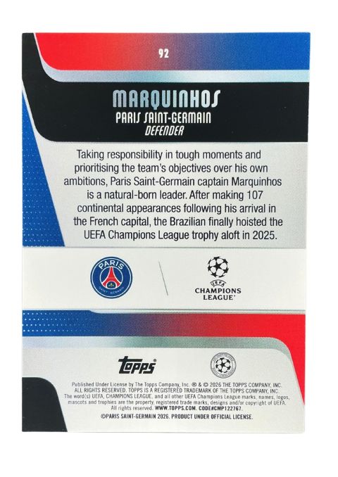 2025-26 Topps UEFA Club Competitions Marquinhos #92 Back