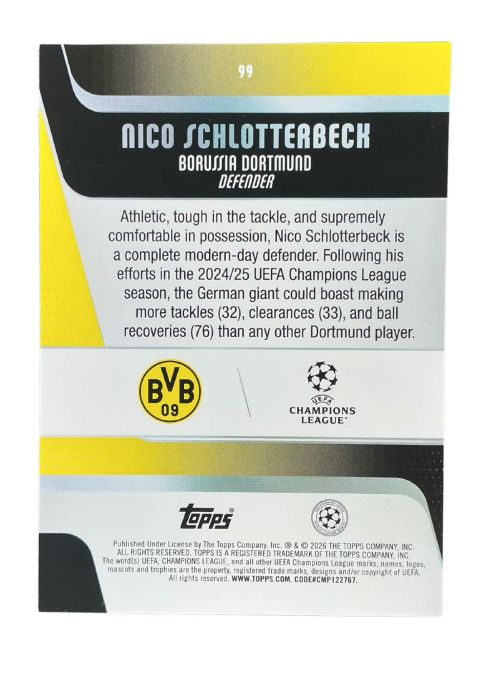 2025-26 Topps UEFA Club Competitions Nico Schlotterbeck #99 Back