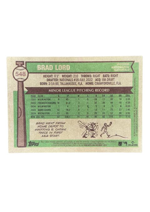 2025 Topps Heritage Rookie Brad Lord #548 Back
