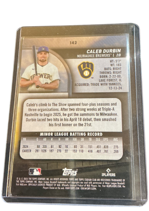 2025 Topps Stadium Club Base Ball Caleb Durbin #142
 Back