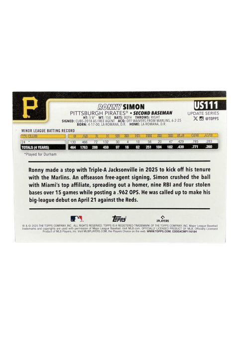2025 Topps Update Ronny Simon Pirates #US111 Back