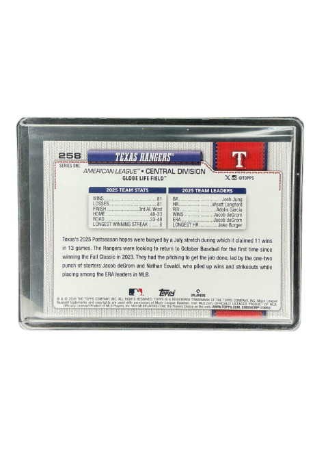 2026 Topps 75 Years Baseball Series 1 Texas Rangers TEX #258
Back
