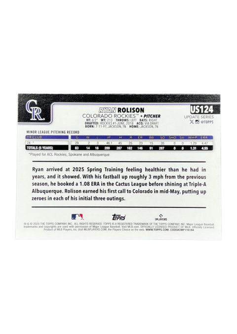 2025 Topps Update Series Baseball Ryan Rolison RC Colorado Rockies #US124
Back