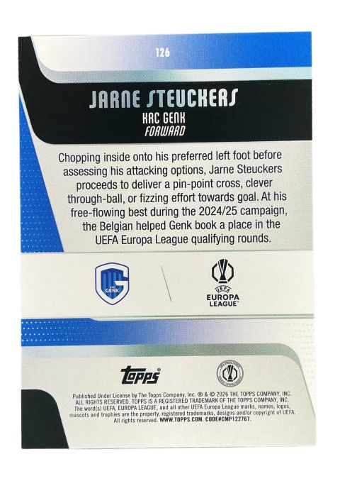 2026 Topps UEFA Club Competitions Jarne Steuchers RC #126
Back