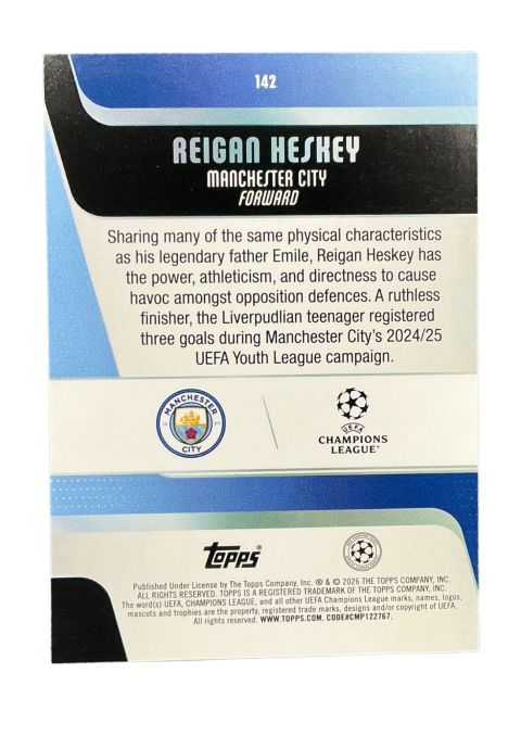2026 Topps UEFA Club Competitions Reigan Heskey Manchester City #142 Back