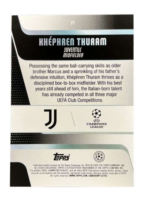 2026 Topps UEFA Club Competitions Khephren Thuram Juventus #71 Back