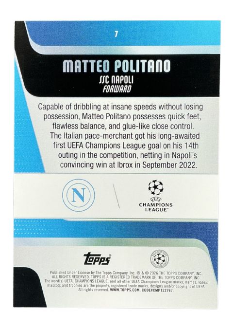 2026 Topps UEFA Club Competitions Matteo Politano Napoli #7
Back