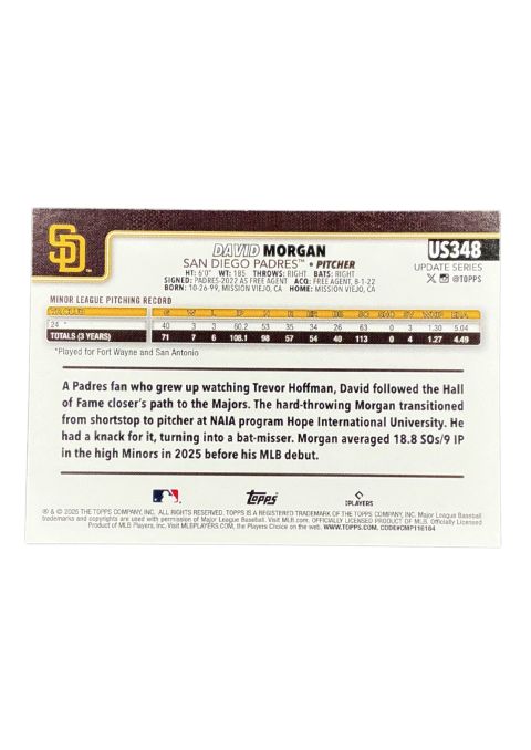 2025 Topps Update Series Baseball David Morgan RC San Diego Padres #US348
Back
