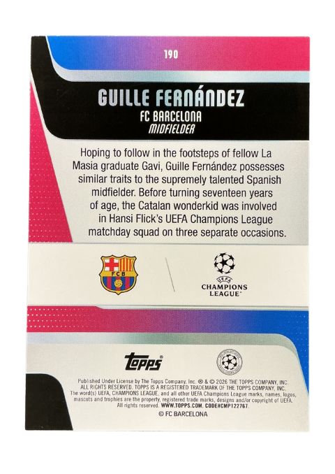 2026 Topps UEFA Club Competitions Guille FCB #190 Back
