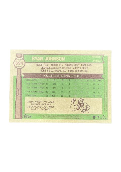 2025 Topps Heritage Baseball Ryan Johnson RC Angels #694
Back