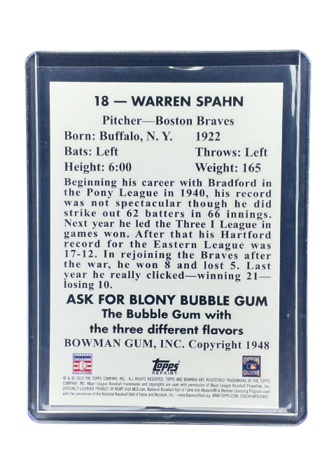 2013 Topps Bowman Warren Spahn #18 Back