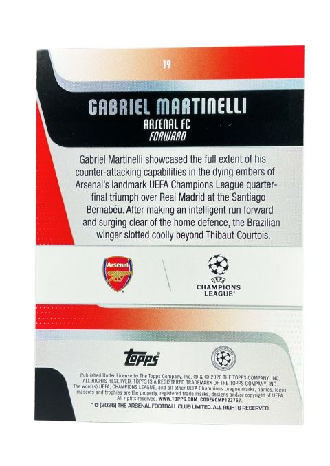2025-26 Topps UEFA Club Competitions Grabriel Martinelli #19 Back