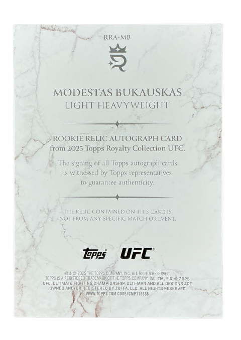 2025 Topps Royalty UFC Modestas Bukauskas RC /25 Auto Fighter-Worn Memorabilia #RRA-MB Back