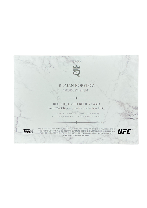 2025 Topps Royalty UFC Roman Kopylov RC /99 Fighter-Worn Memorabilia #RJR-RK Back