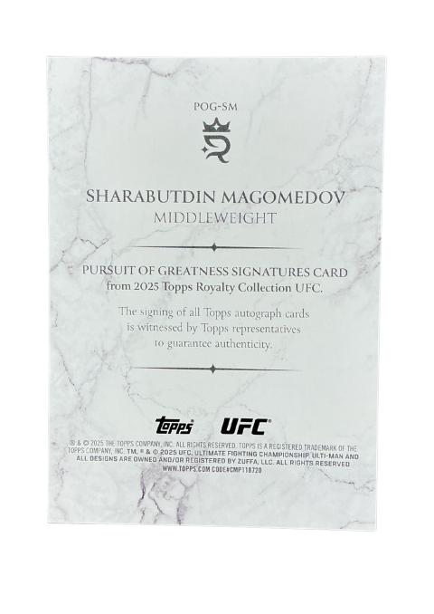 2025 Topps Royalty UFC Sharabutdin Magomedov Pursuit Of Greatness /49 Auto #POG-SM Back