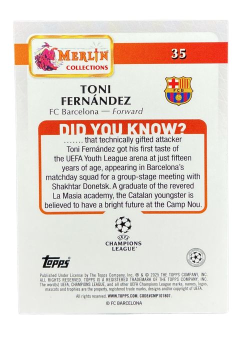 2025 Topps Merlin UEFA Toni fernandez RC #35
Back