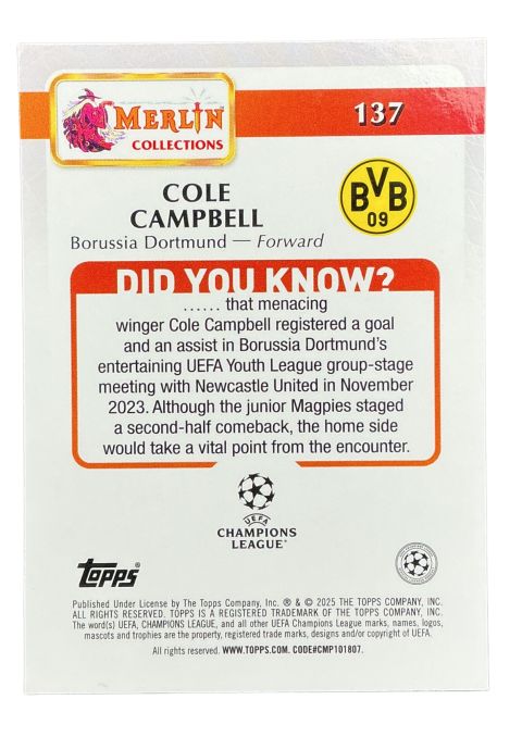 2025 Topps Merlin UEFA Cole Campbell RC #137
Back